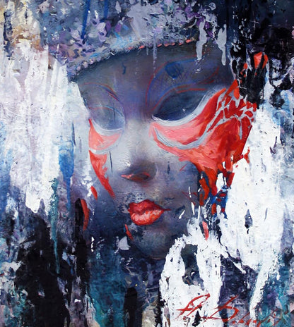 Oil painting Carnival by Alexander Dobrodiy abstract portrait with red blue accents