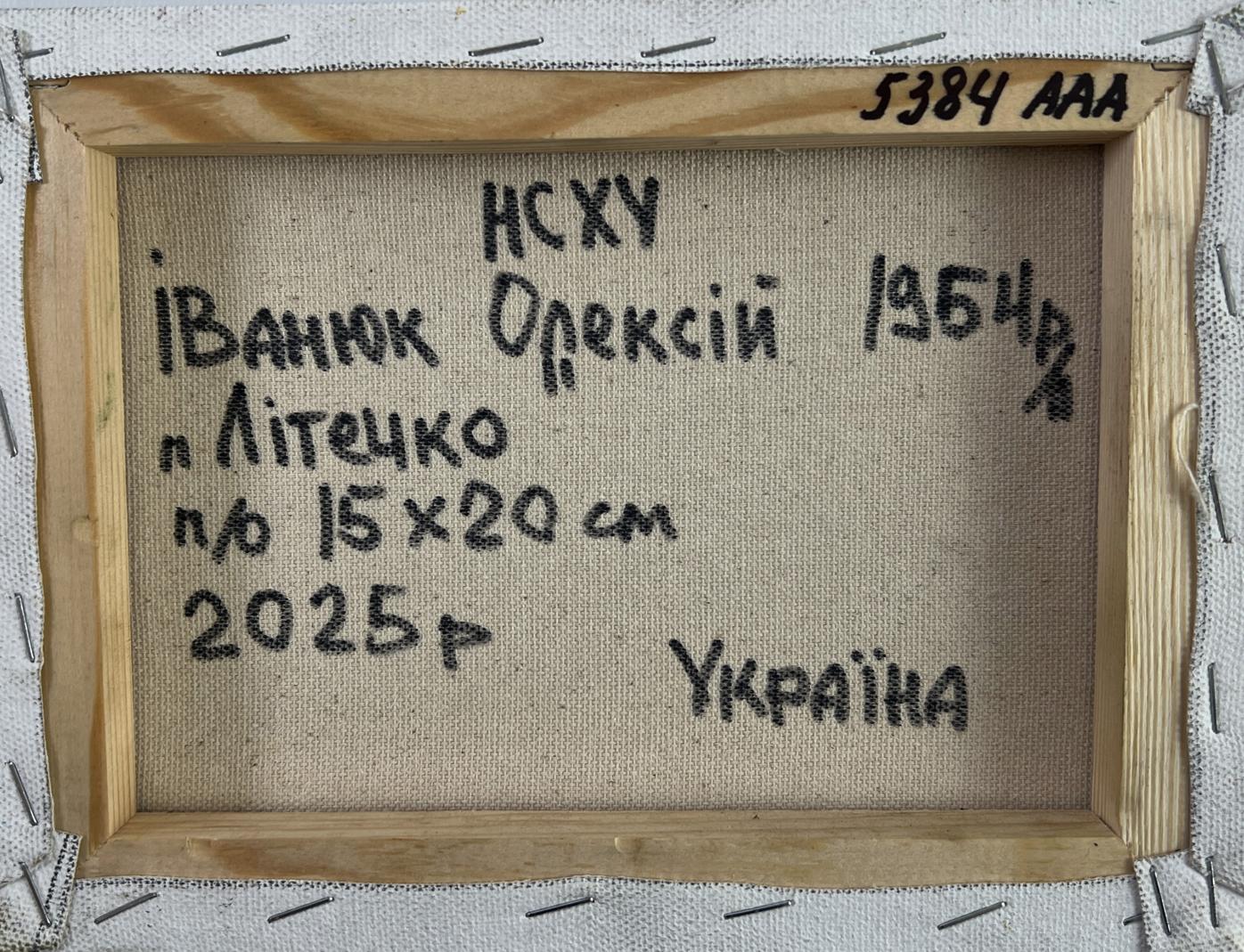 Back of Oleksiy Ivanyuk Oil painting The sun in the field wooden canvas with black stitched text