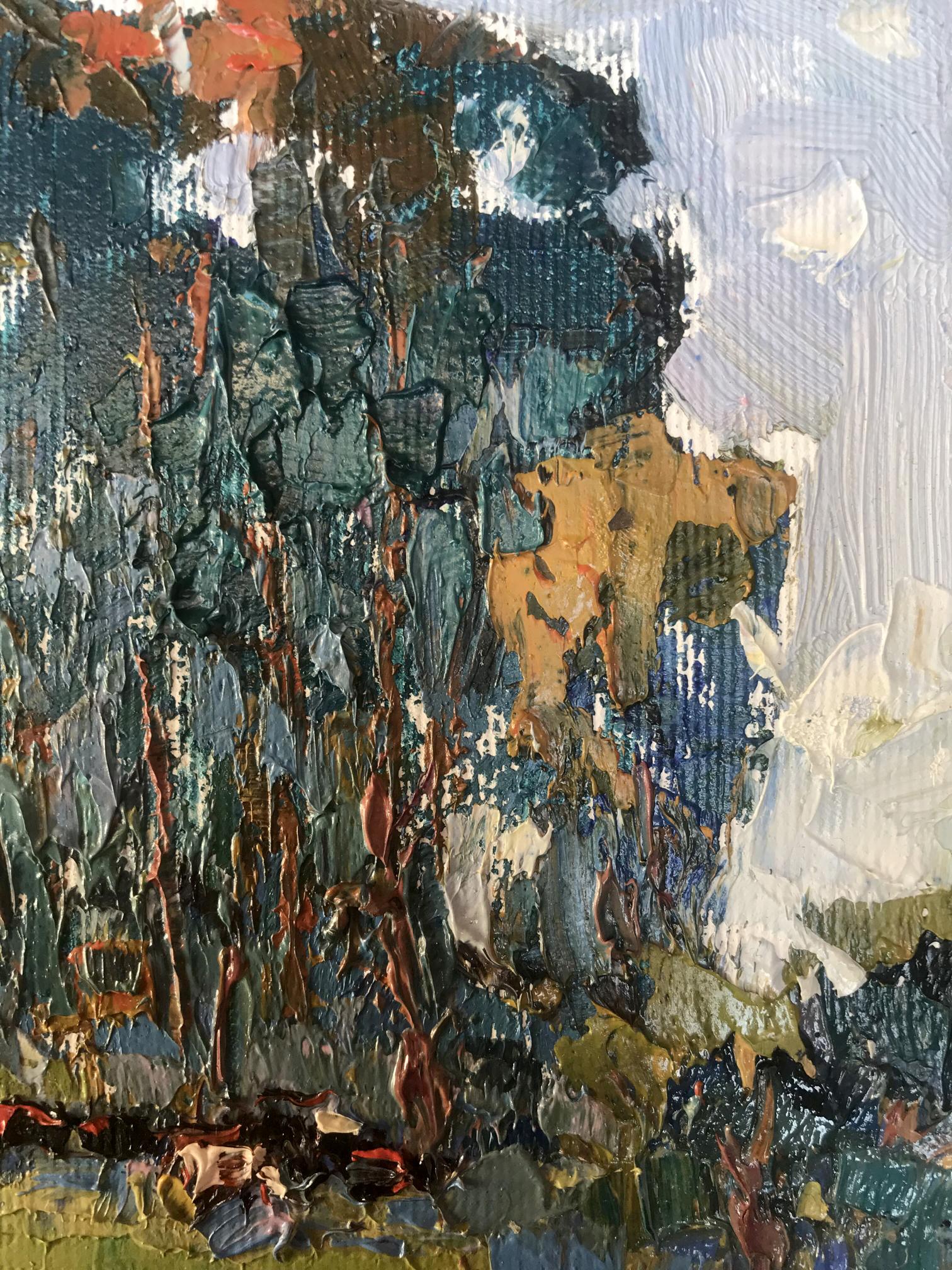 Oil painting In the Shadow of the Sedges by Oksana Ivanyuk, abstract impasto blues