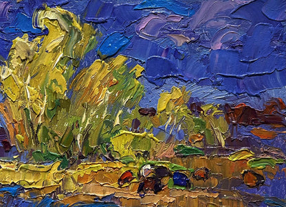 Vibrant impressionist oil painting by Oleksiy Ivanyuk: autumn foliage after rain