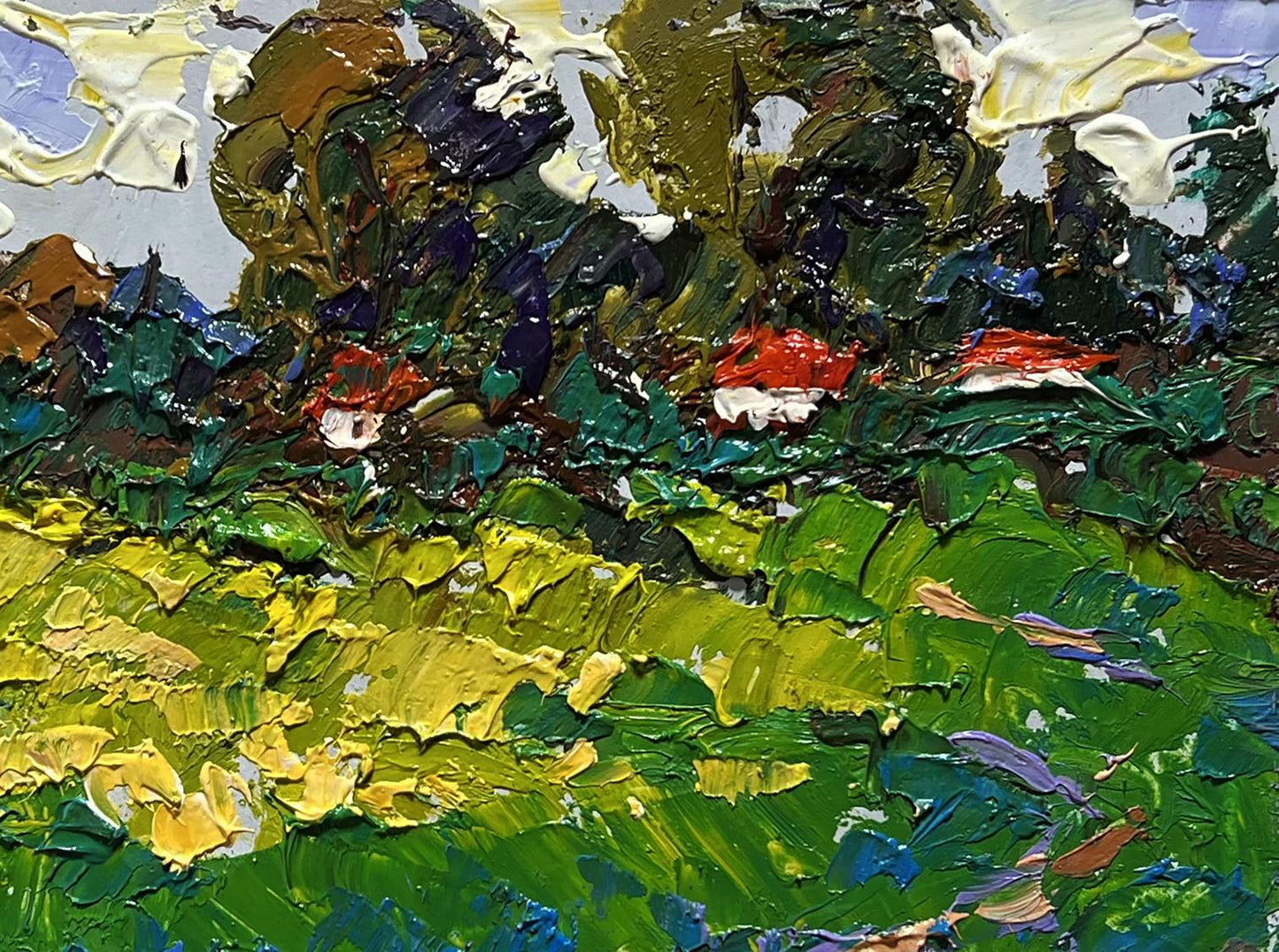 Vibrant impressionist oil painting Yellow fields near the village by Oleksiy Ivanyuk