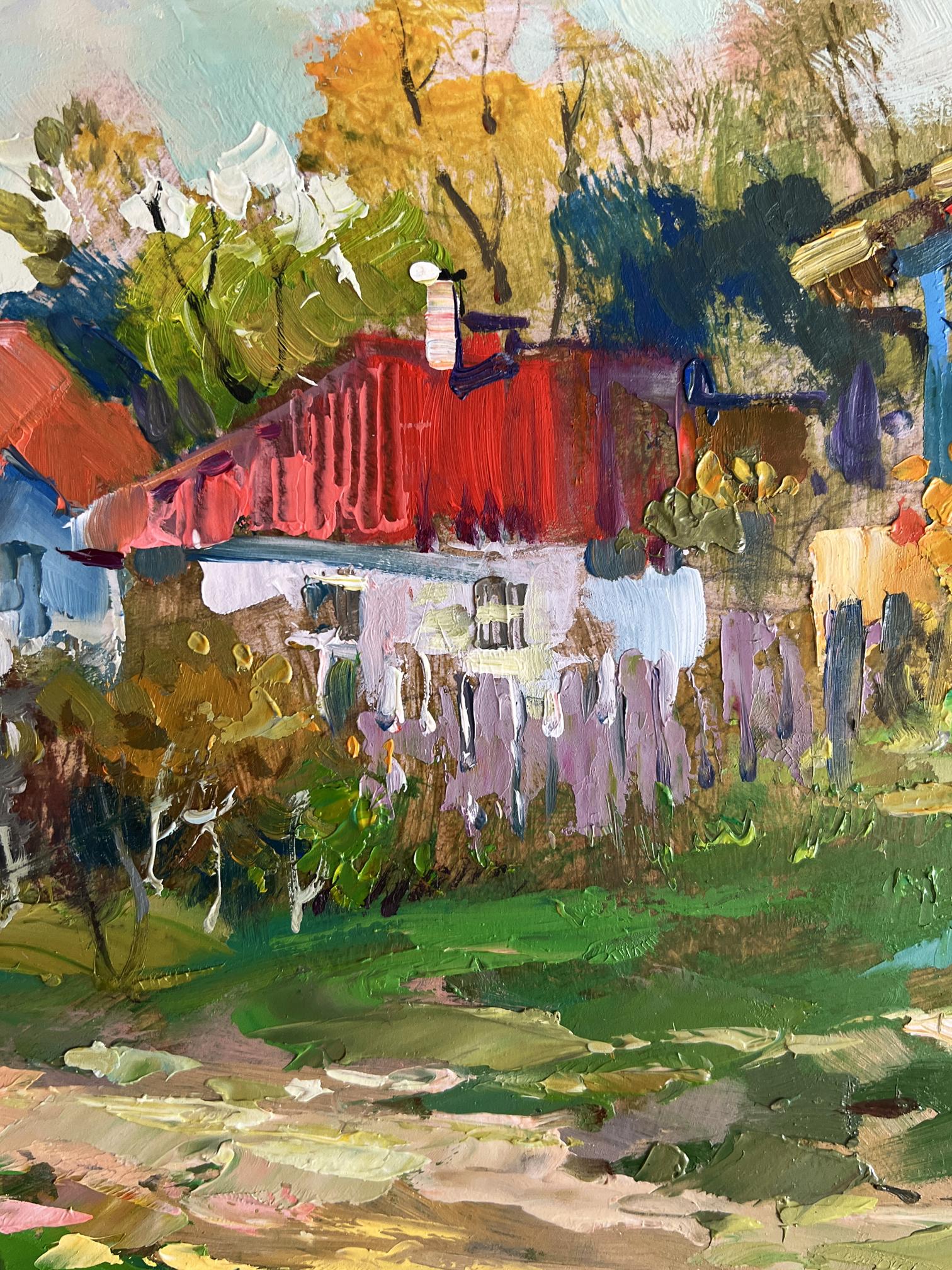 Vibrant impressionist oil painting of quiet village street by Yuriy Suprunchuk