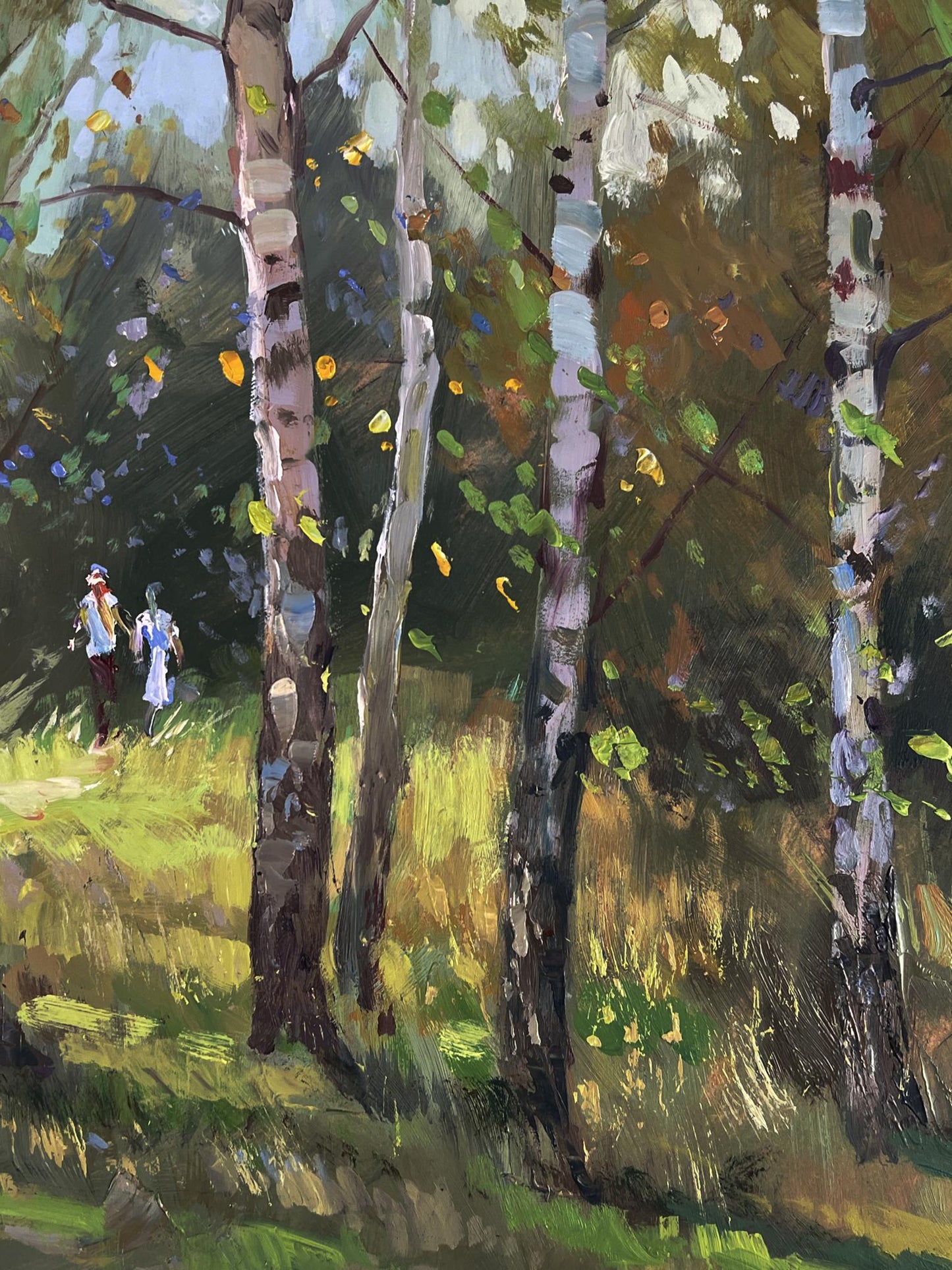Oil painting A walk among the birches by Yuriy Suprunchuk sunlit forest scene