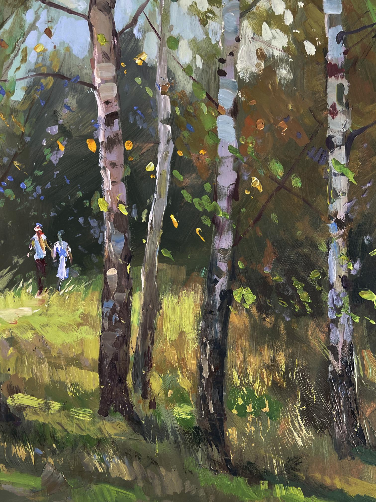 Oil painting A walk among the birches by Yuriy Suprunchuk sunlit forest scene