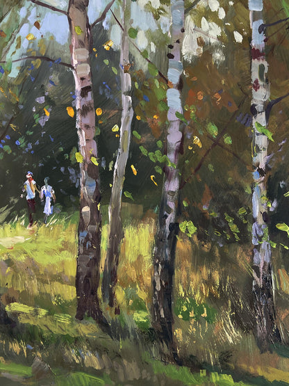 Oil painting A walk among the birches by Yuriy Suprunchuk sunlit forest scene