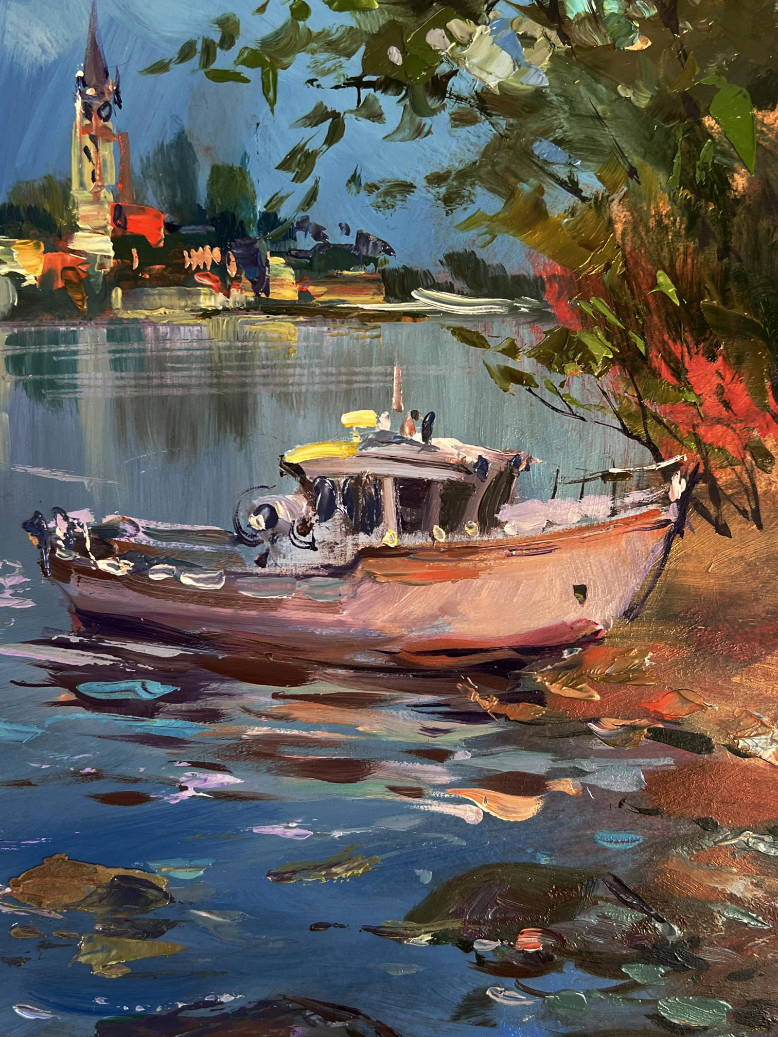 Oil painting by Yuriy Suprunchuk: rustic boat with reddish hull near shore