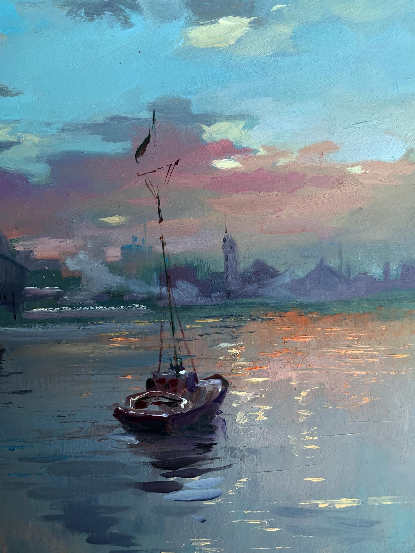 Oil painting by Yuriy Suprunchuk: romantic fishing boat at twilight
