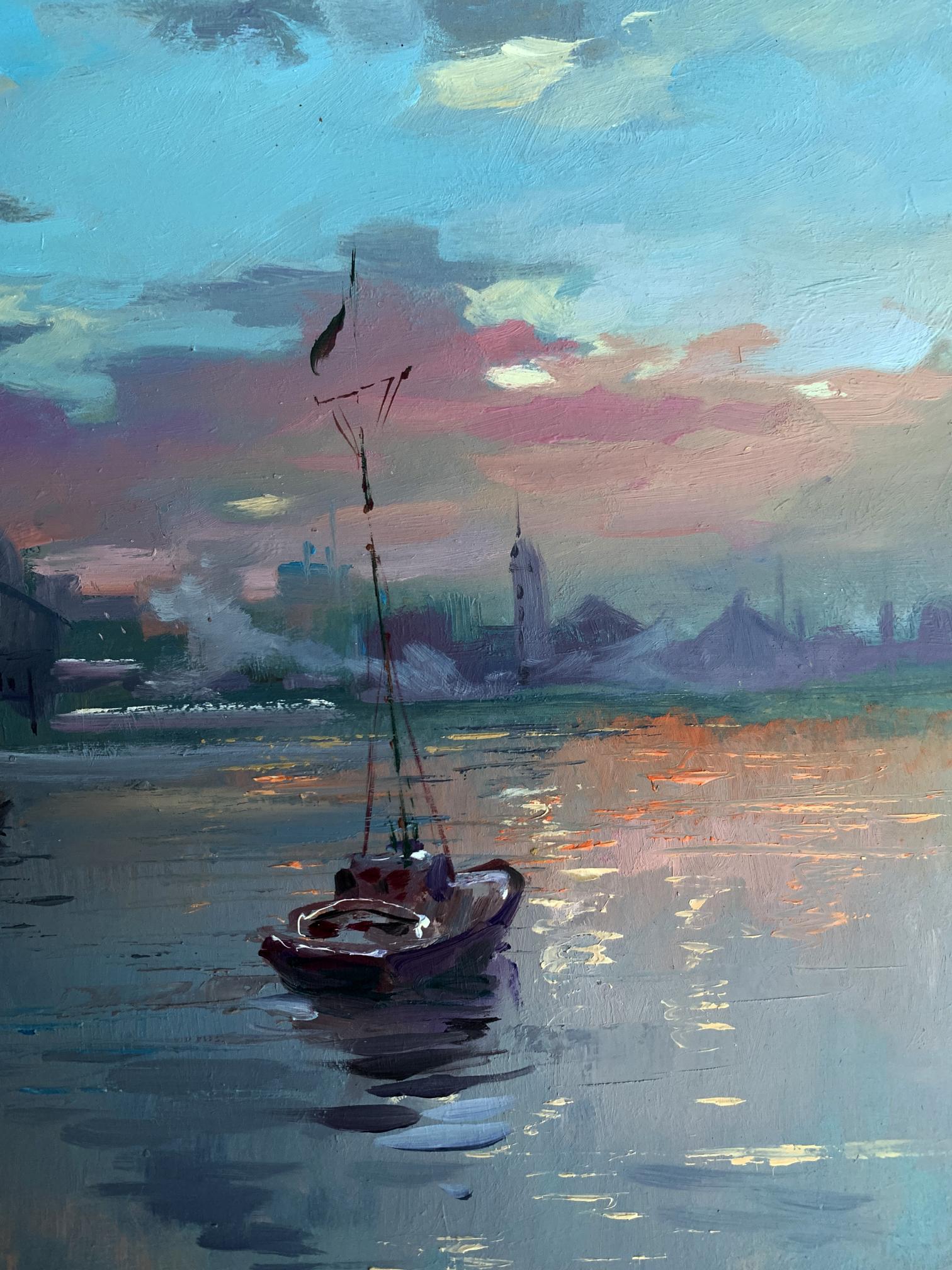 Oil painting by Yuriy Suprunchuk: romantic fishing boat at twilight