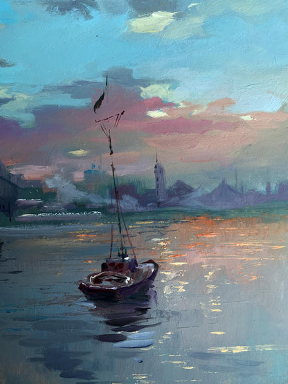 Oil painting by Yuriy Suprunchuk: romantic fishing boat at twilight