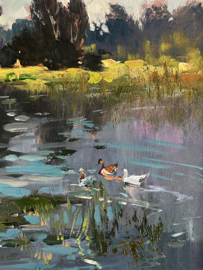 Serene impressionistic oil painting of ducks on rural grey river by Yuriy Suprunchuk