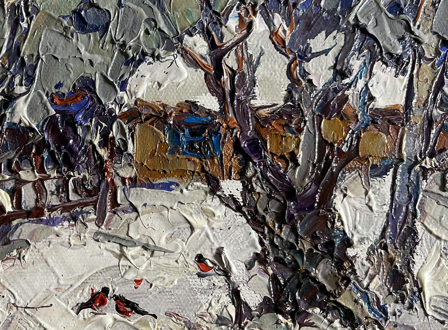 Oil painting of bullfinch in snowy yard with bare trees by Oksana Ivanyuk