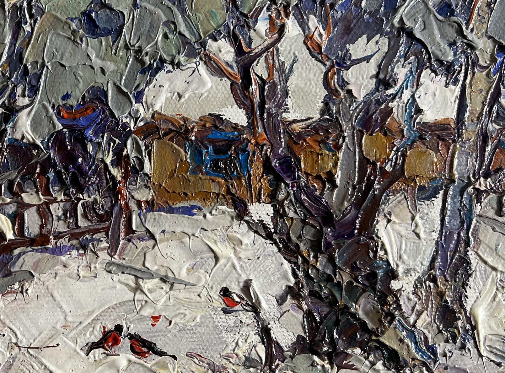 Oil painting of bullfinch in snowy yard with bare trees by Oksana Ivanyuk