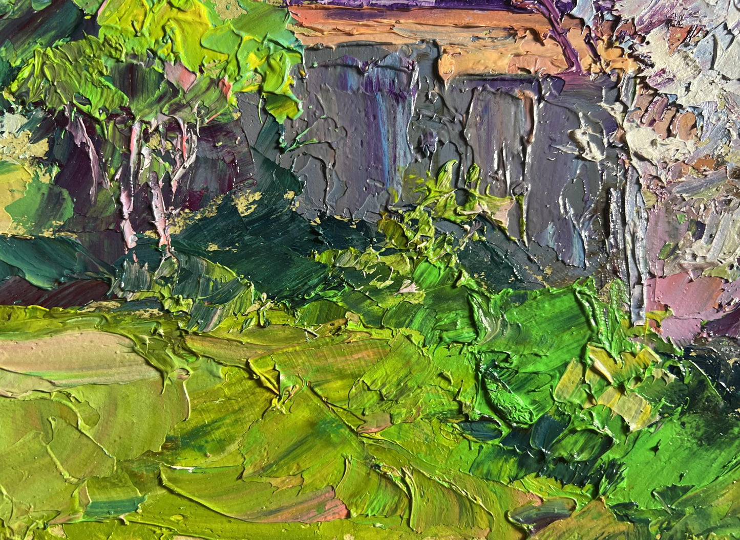 Vibrant green purple impressionist cherry blossom oil painting by Boris Serdyuk