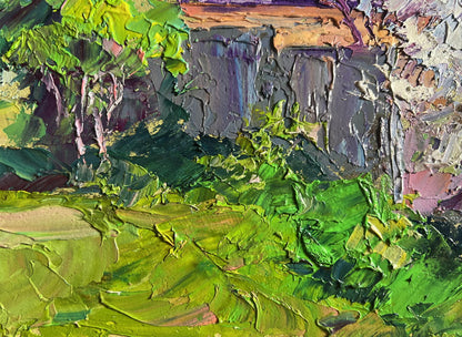 Vibrant green purple impressionist cherry blossom oil painting by Boris Serdyuk