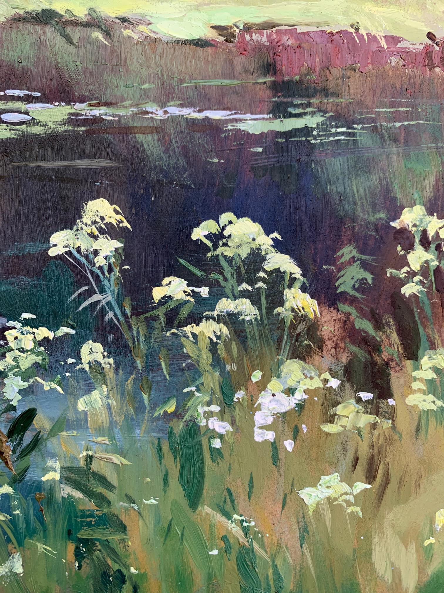 Textured impressionist oil painting by Yuriy Suprunchuk of wildflowers by riverside