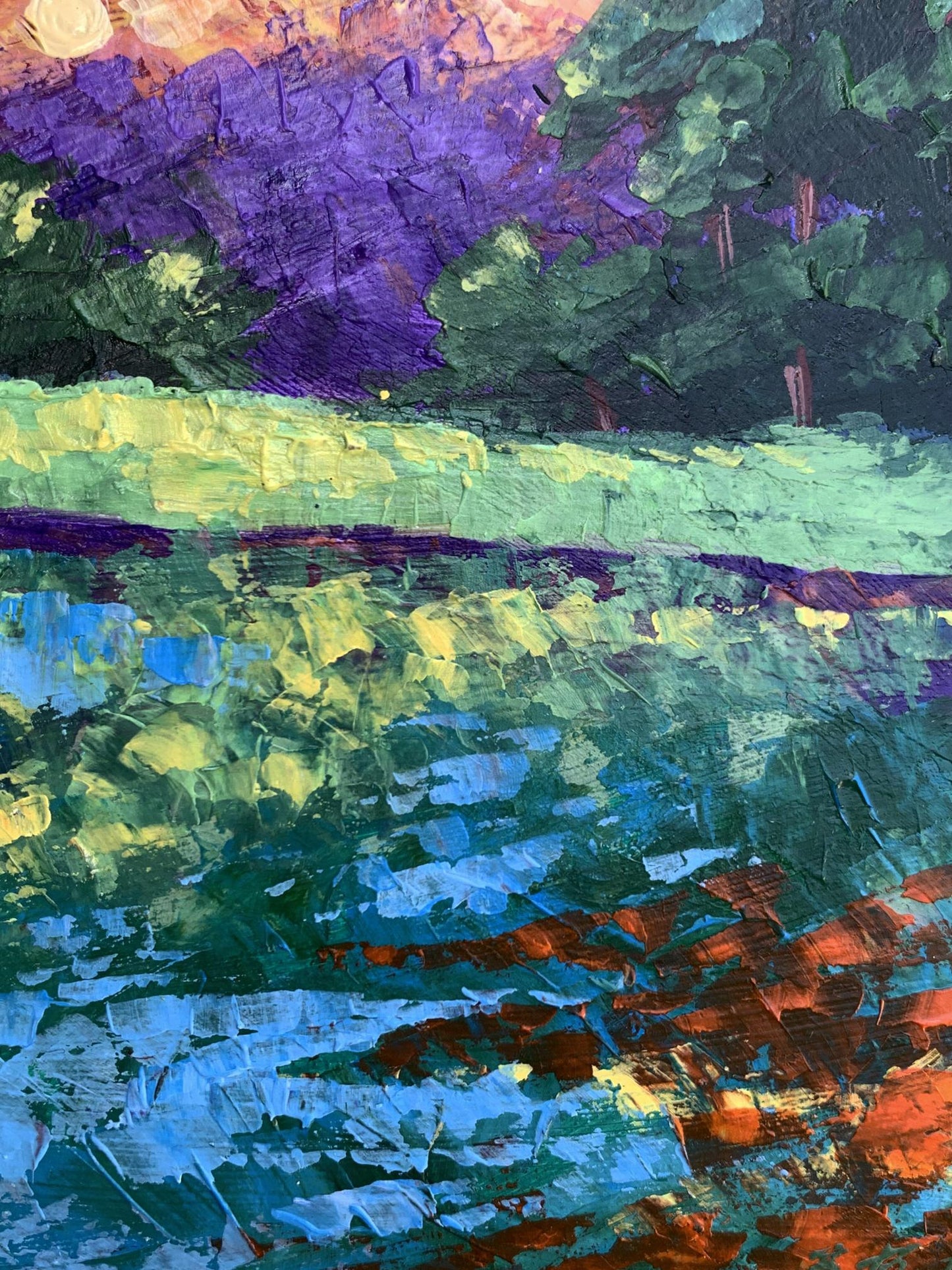 Vibrant impressionist oil painting Sunset behind the trees by V. Zadorozhnya