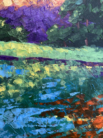 Vibrant impressionist oil painting Sunset behind the trees by V. Zadorozhnya