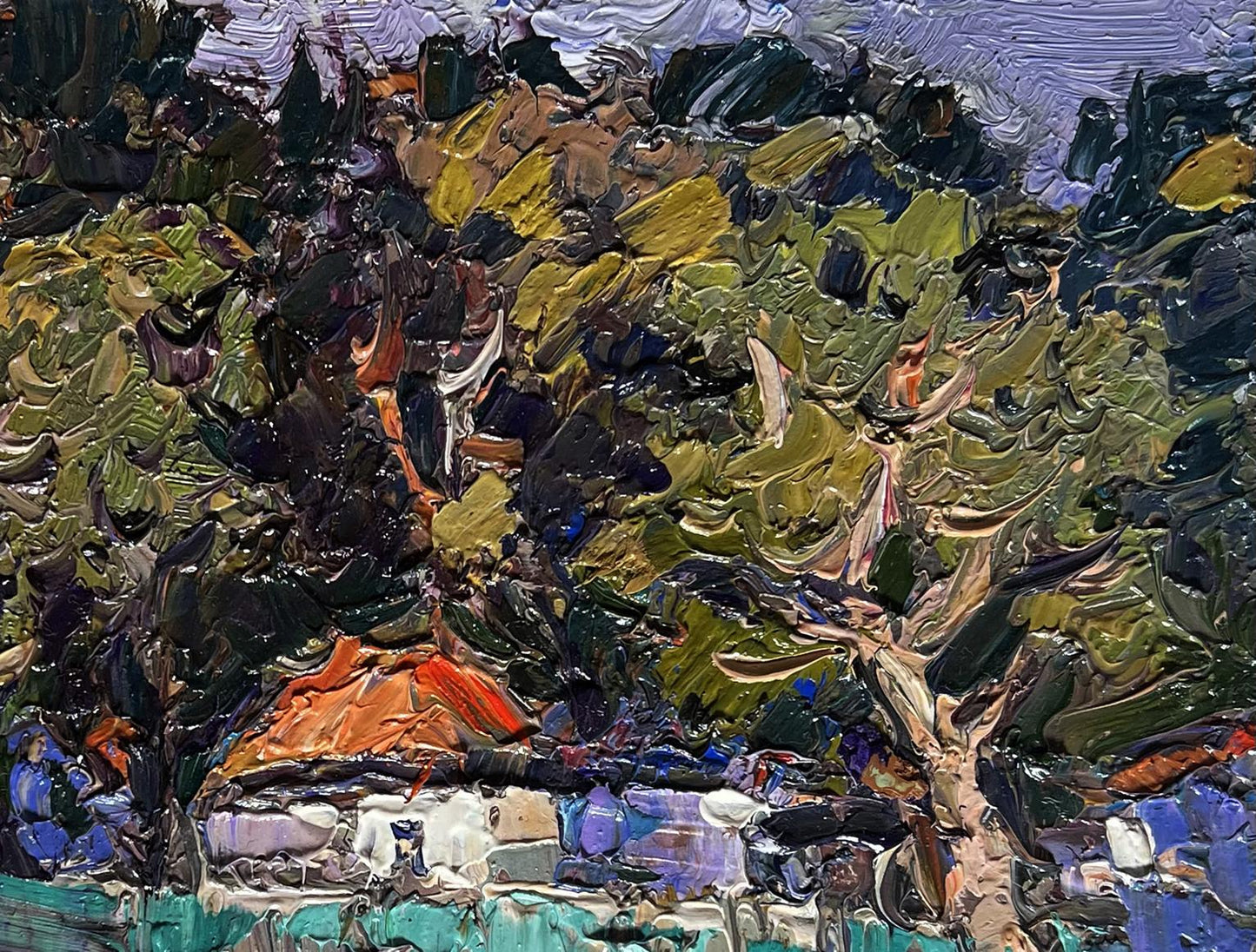 Textured impasto oil painting of huge garden in yard by Oksana Ivanyuk