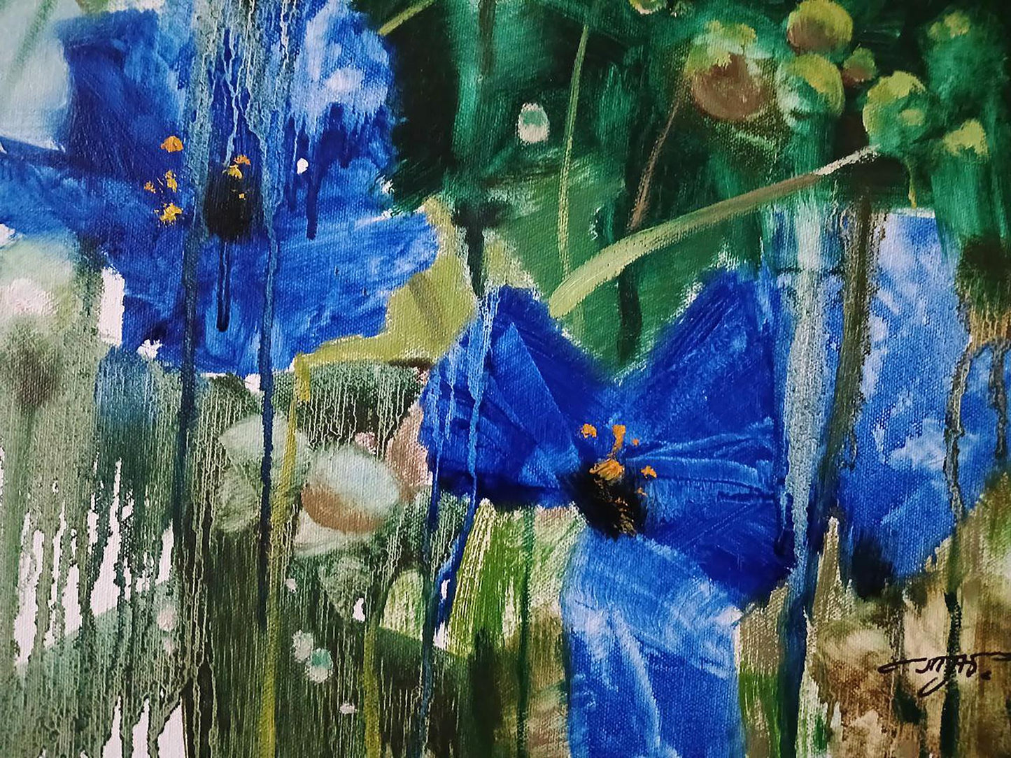 Vibrant blue poppies in Morning Dew abstract oil painting by Anatoly Tarabanov