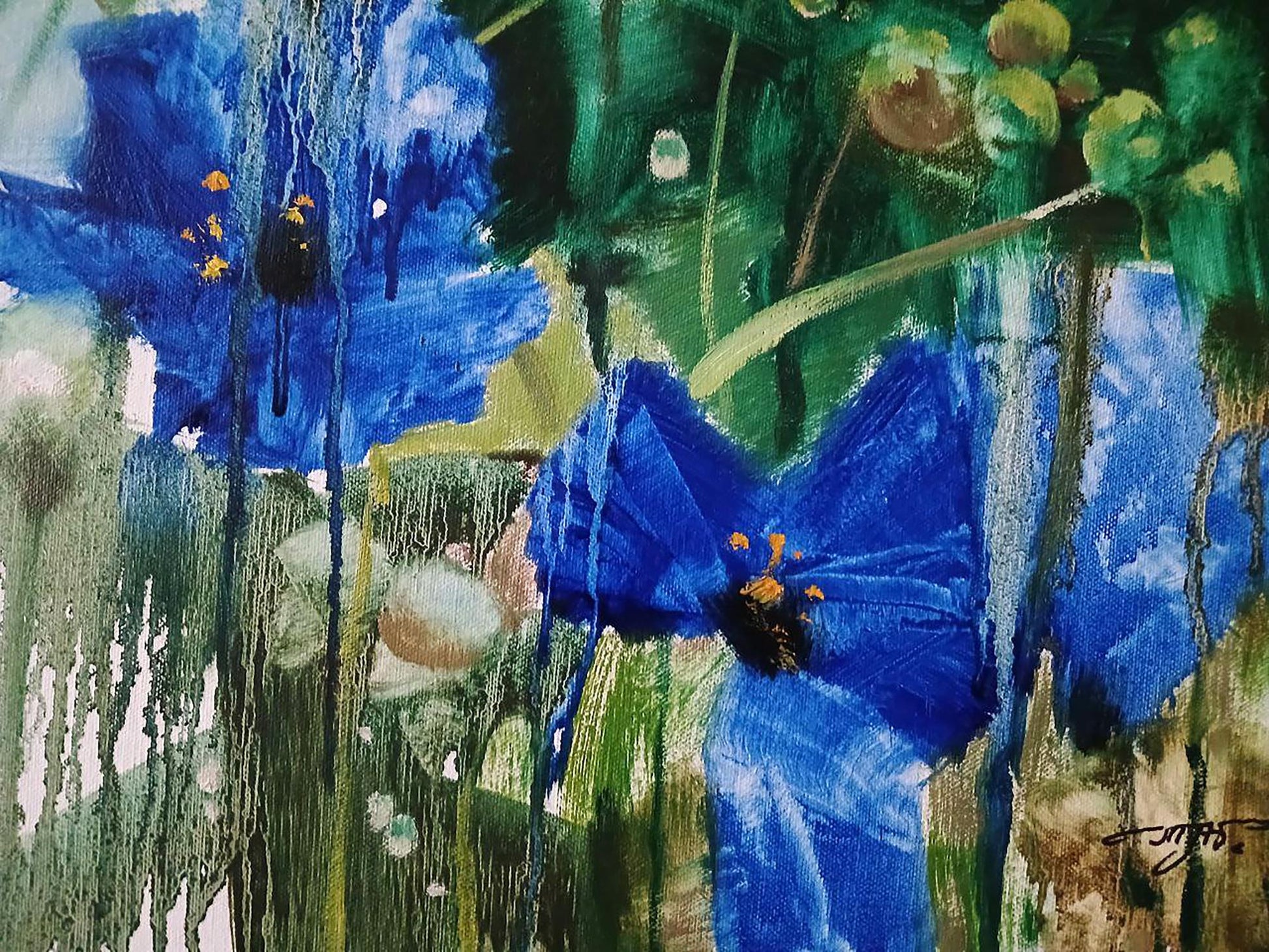 Vibrant blue poppies in Morning Dew abstract oil painting by Anatoly Tarabanov
