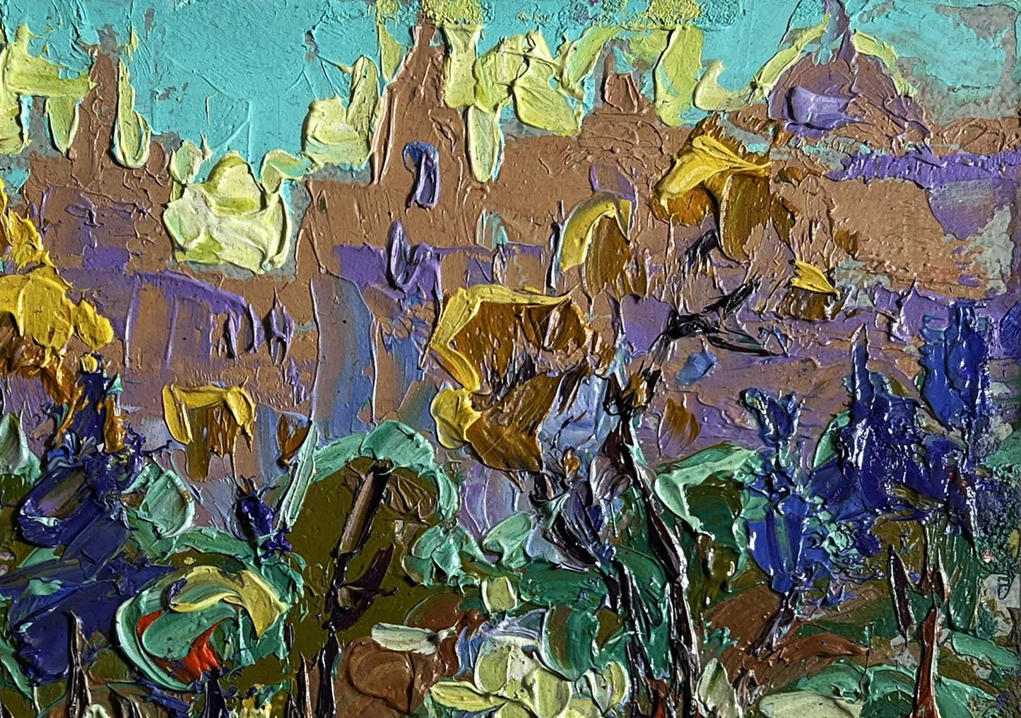 Vibrant teal, gold, purple, green abstract oil painting Morning bustle of the city by Oleksiy Ivanyuk
