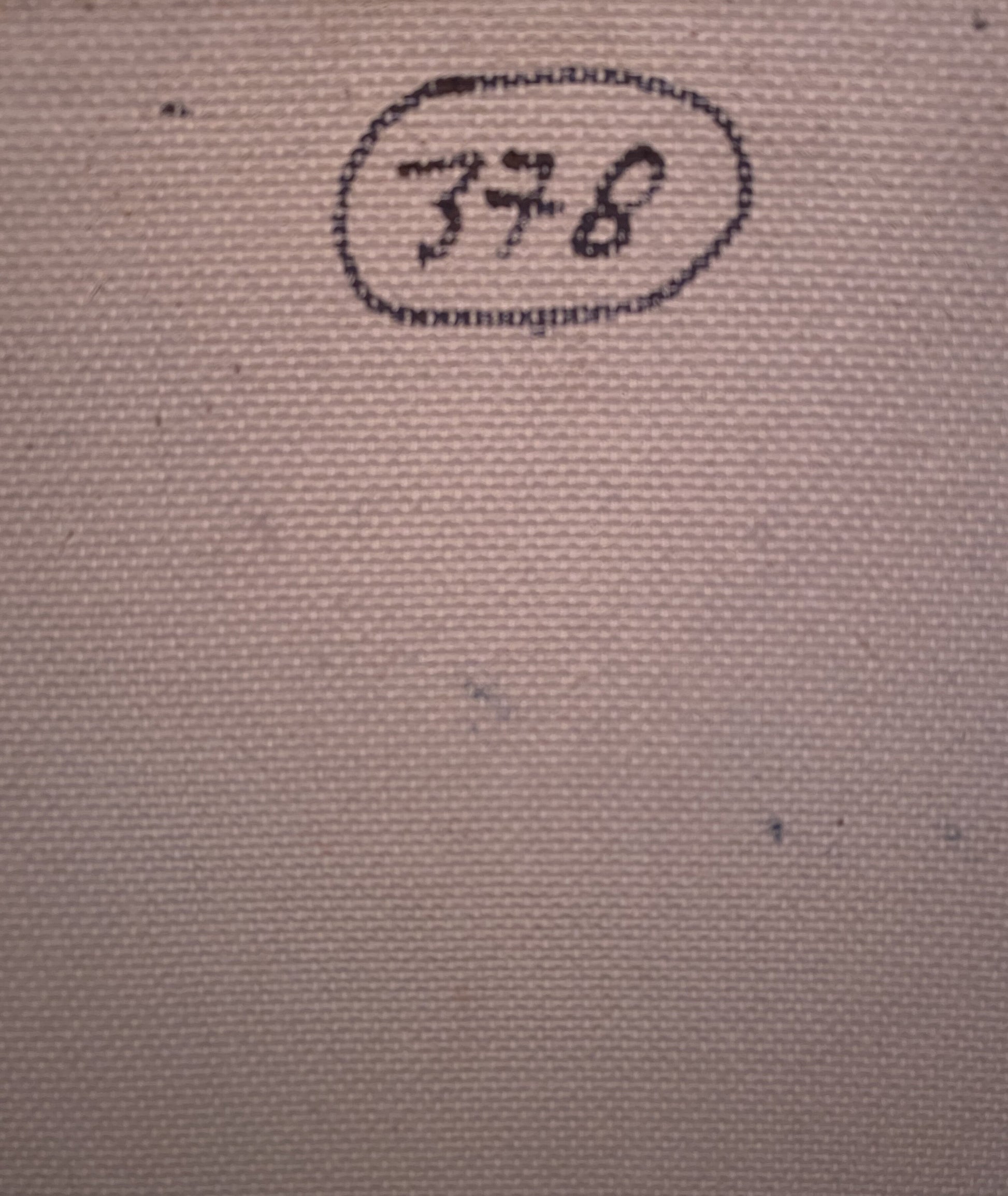 Back of Oil painting Silence Unknown artist: black 378 stamped oval logo on beige fabric