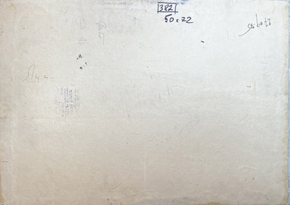 Back of Nikolay Rabotyagov oil painting with beige textured canvas and labels
