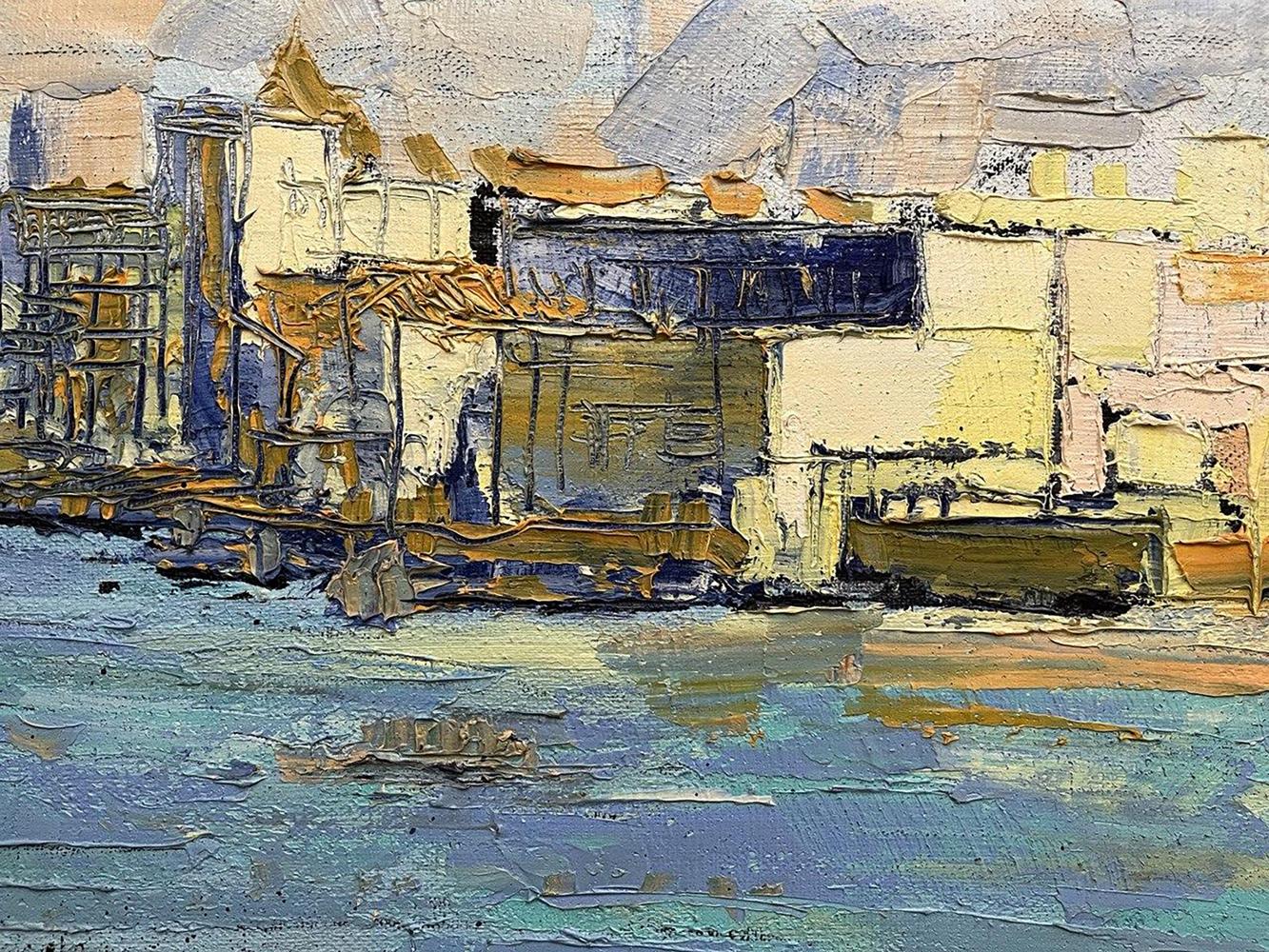 Impressionistic oil painting Mysterious city by Serhiy Kovalev waterfront scene