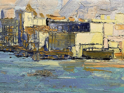 Impressionistic oil painting Mysterious city by Serhiy Kovalev waterfront scene
