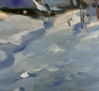 Textured impressionistic oil painting of snowy monastery view at evening by Yuriy Suprunchuk