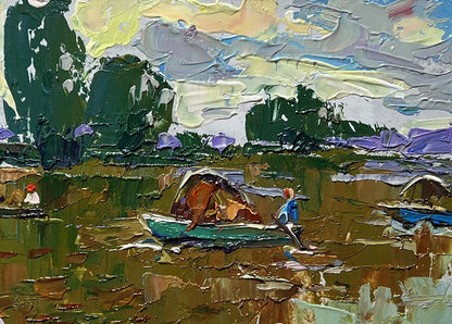 Impasto oil painting of green hay boats by Oleksiy Ivanyuk on reflective water