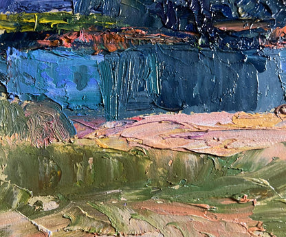 Oil painting On the golden shore Boris Serdyuk with impasto blues and greens