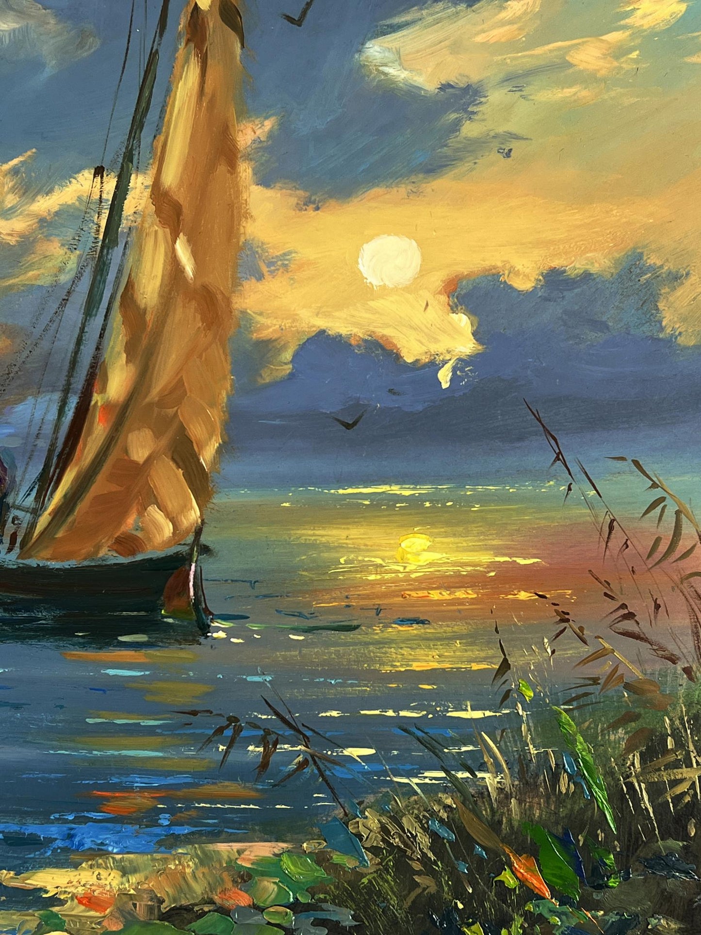 Vibrant oil painting of sailboat at sunset by Yuriy Suprunchuk
