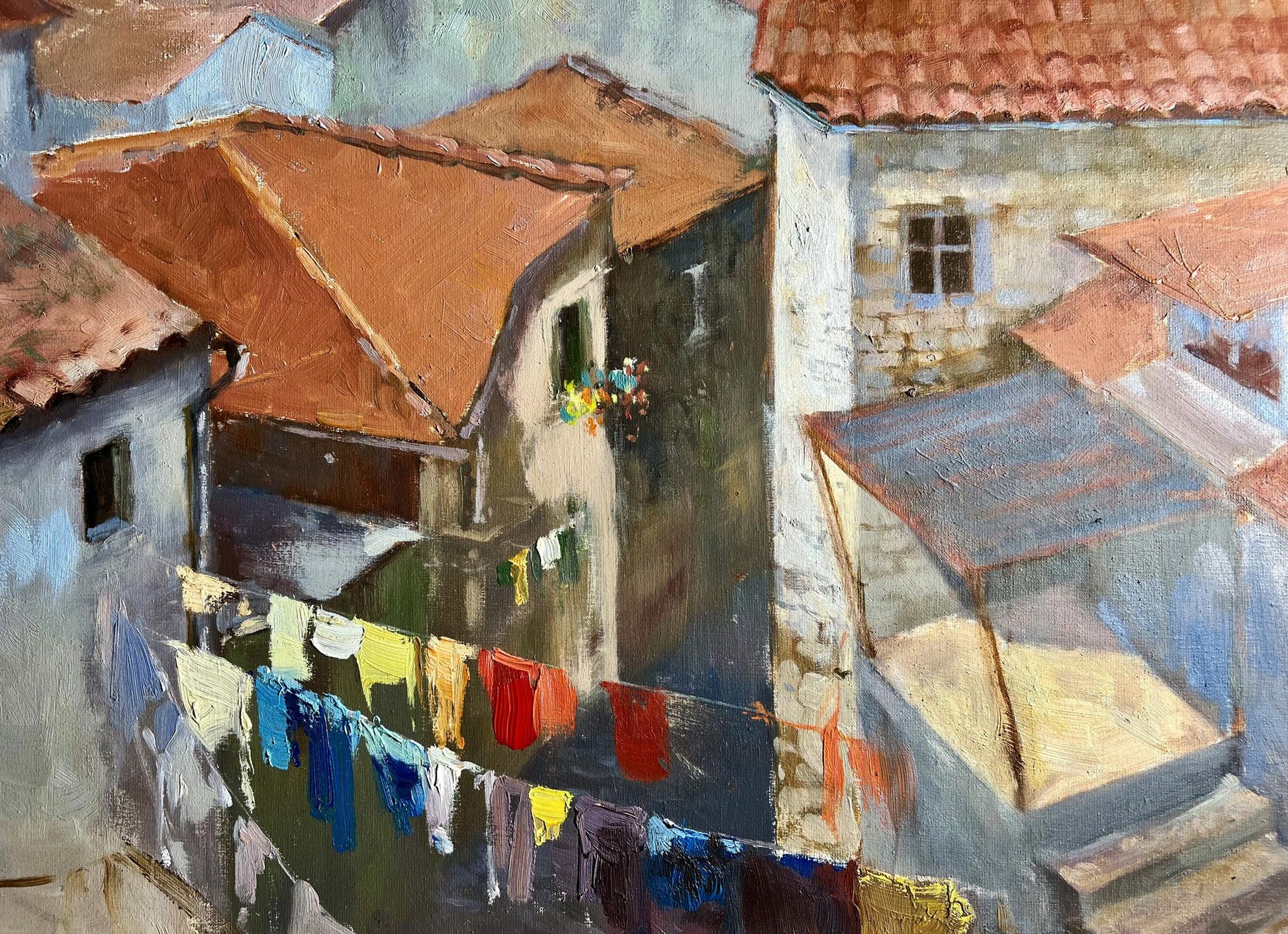 Vibrant oil painting of sunlit Streets of the Town by Tatyana Derdey