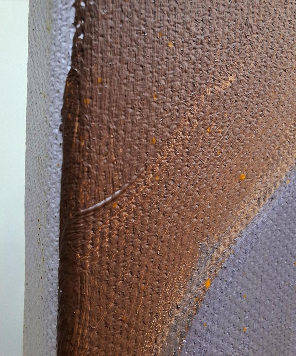Oil painting by Sergiy Voichenko: brown textured wall with seam and orange specks