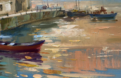 Oil painting of vibrant red boat in orange sunset sea by Yuriy Suprunchuk