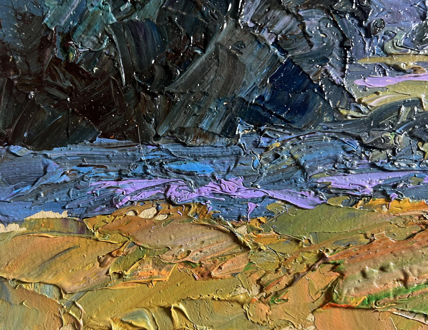 Oil painting Further away from the city by Boris Serdyuk with impasto blues over earth tones