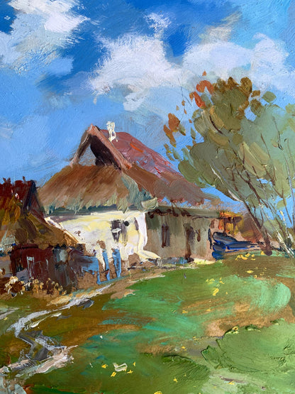 Oil painting of rustic thatched cottage by Yuriy Suprunchuk