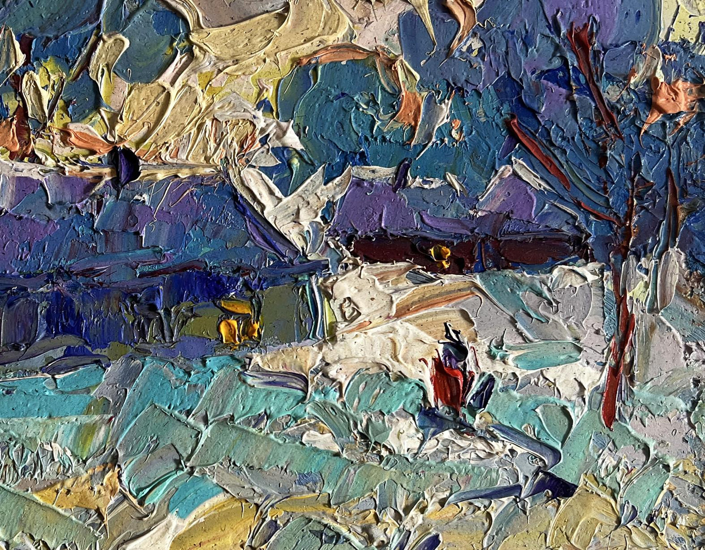 Oil painting Evening on the edge of the village by Oleksiy Ivanyuk in blues
