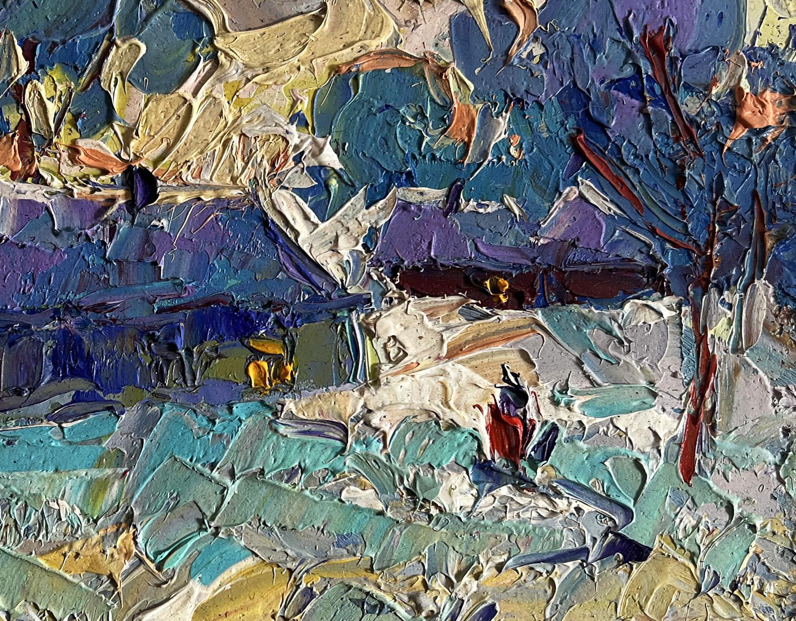 Oil painting Evening on the edge of the village by Oleksiy Ivanyuk in blues