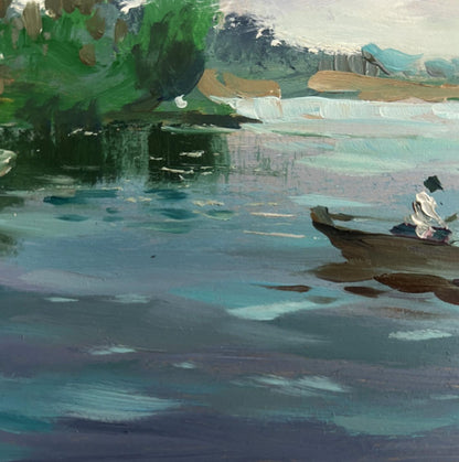 Serene impressionist oil painting of summer quiet fishing by Yuriy Suprunchuk