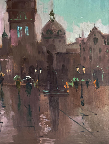 Moody impressionistic oil painting of Yuriy Suprunyuks rainy city central square