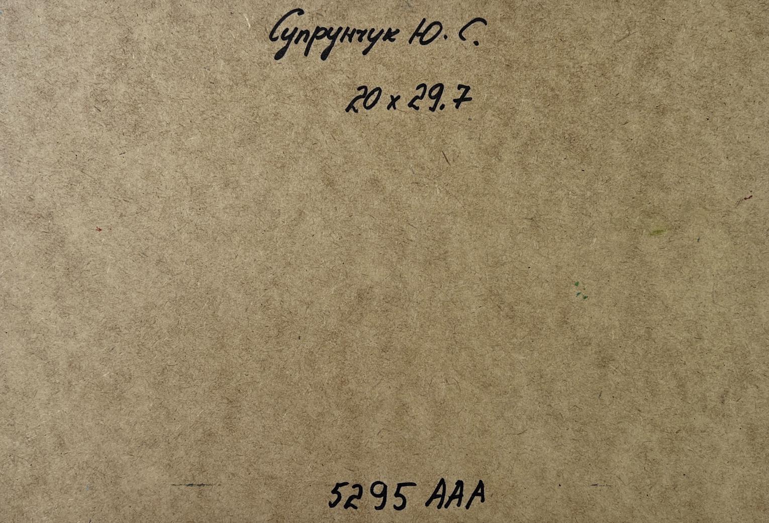 Back of Yuriy Suprunchuk oil painting Mountain waterfall: brown textured paper with handwritten Cyrillic text and measurements