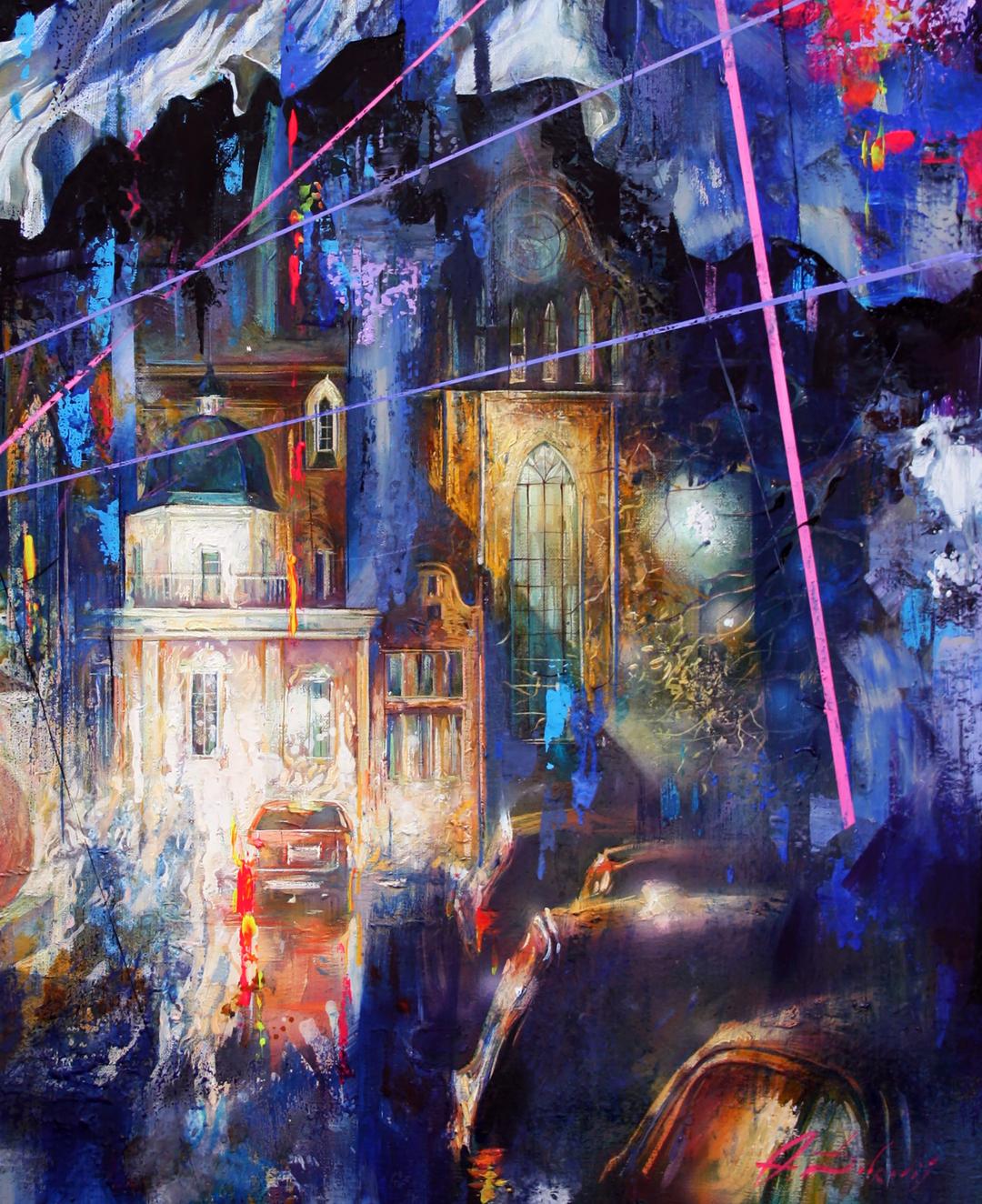 Vibrant Night on the Town oil painting by Alexander Dobrodiy with glowing cathedral
