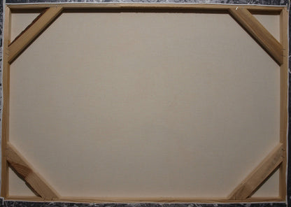 Back of Oil painting Garden of Delights Konsta G. Amelinn on beige canvas wood frame