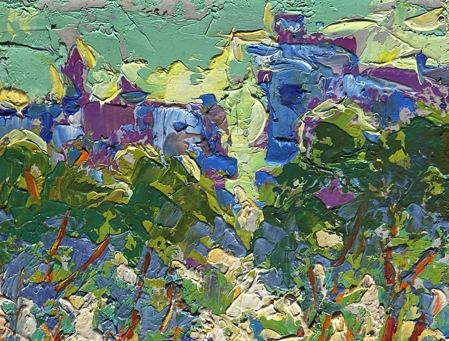 Vibrant Oleksiy Ivanyuk oil painting Morning city life in green blue purple yellow