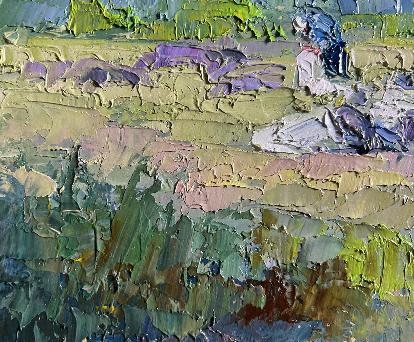 Oil painting Preparing for winter by Boris Serdyuk, impressionistic blue figure in greens