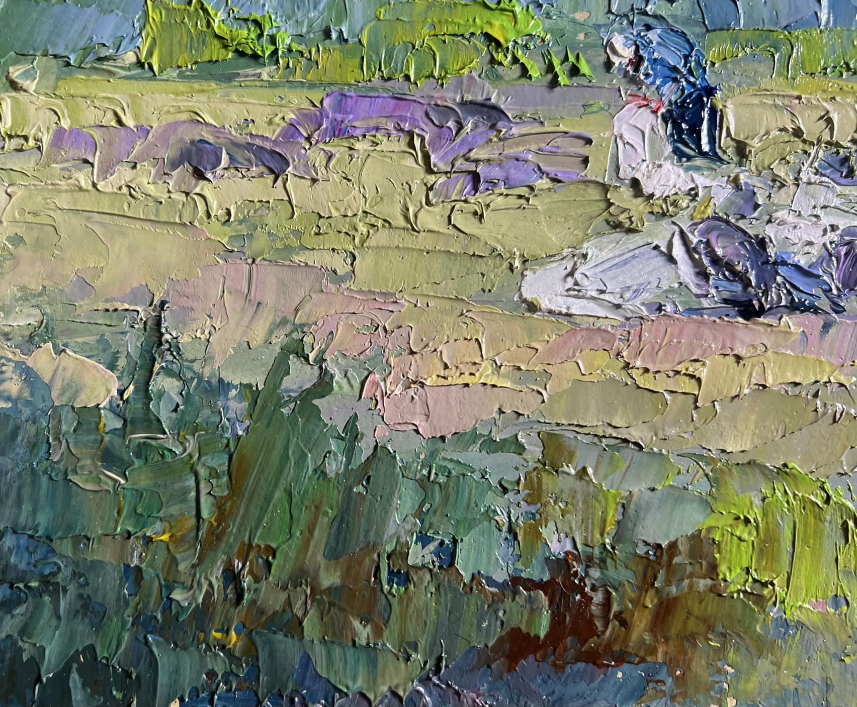 Oil painting Preparing for winter by Boris Serdyuk, impressionistic blue figure in greens