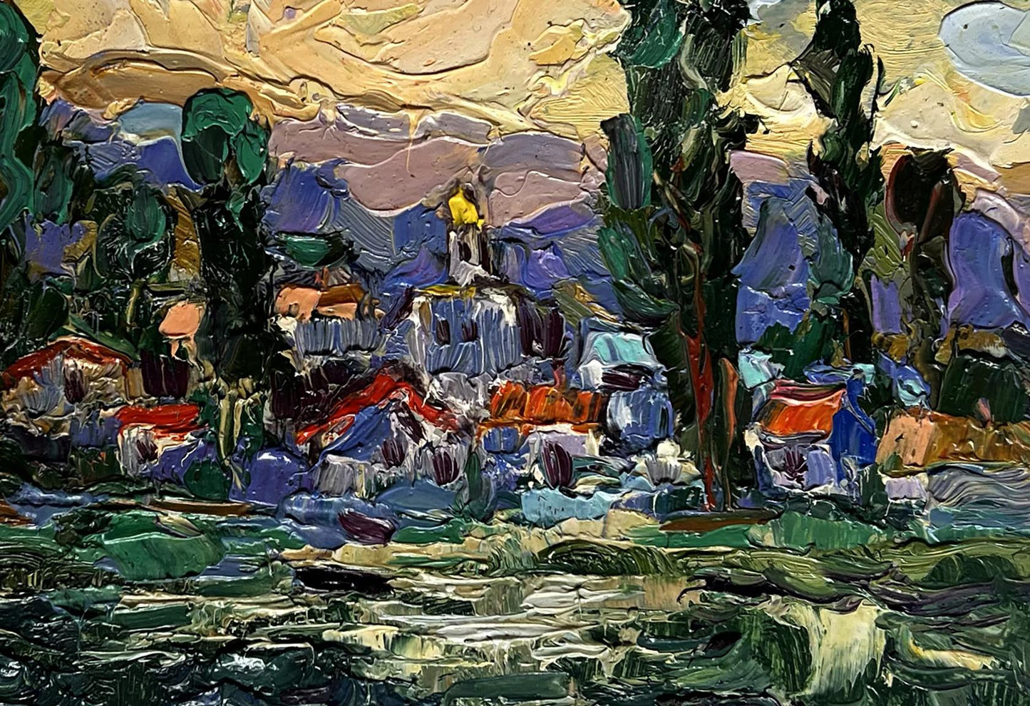 Vibrant impressionist oil painting of Oleksiy Ivanyuk city along river