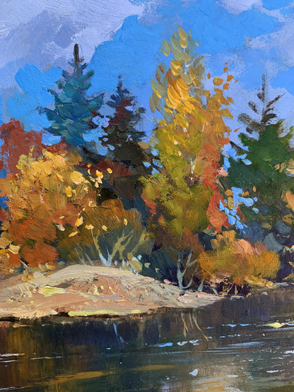 Oil painting Here comes autumn by Yuriy Suprunchuk vibrant forest scene